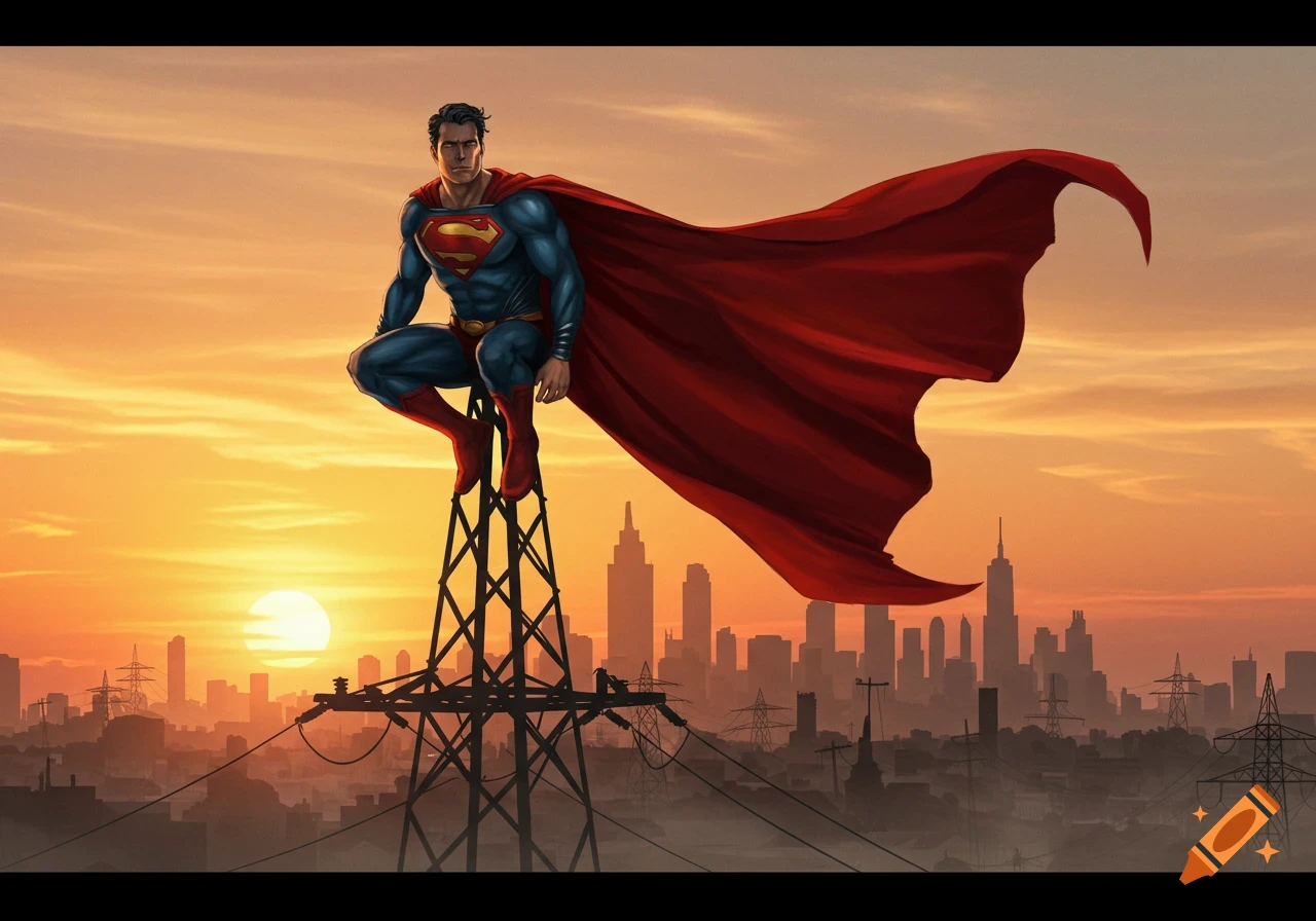 Superman perched on a transmission tower overlooking a cityscape at sunset, with a large red cape billowing behind him. Comic art style.