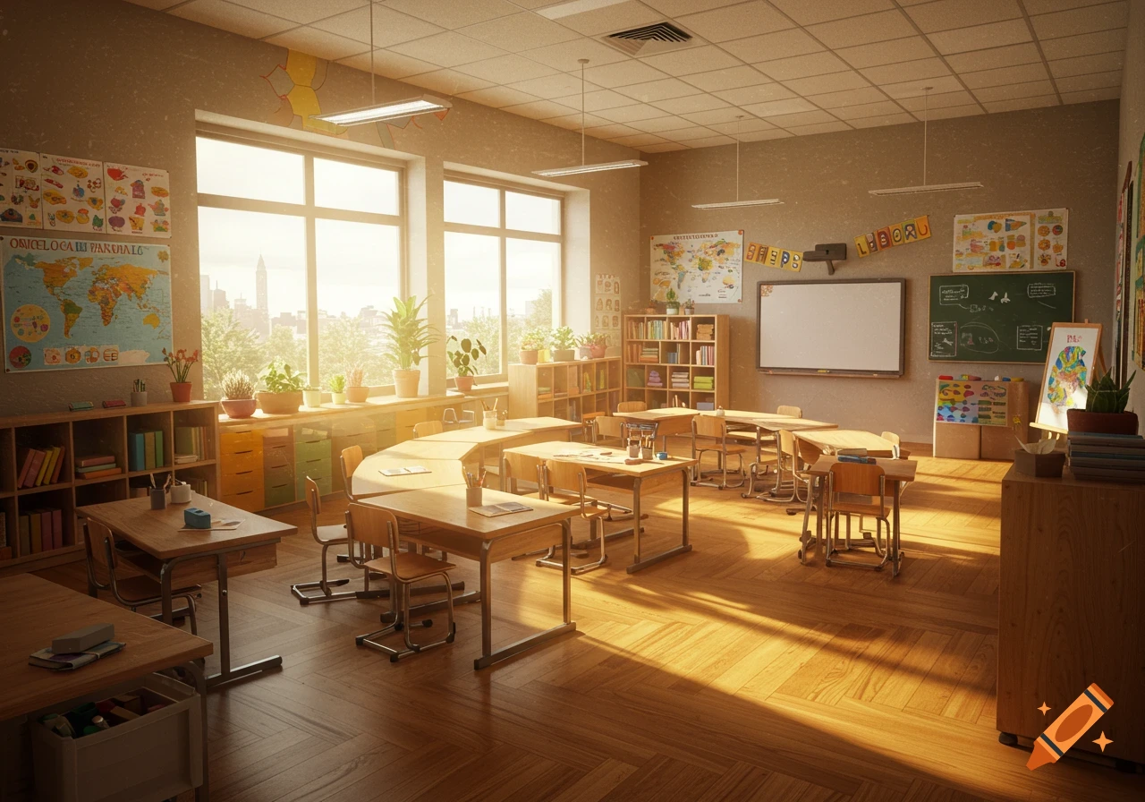 A bright, sunlit classroom with wooden desks, large windows showing a city skyline, and colorful educational posters on the walls.