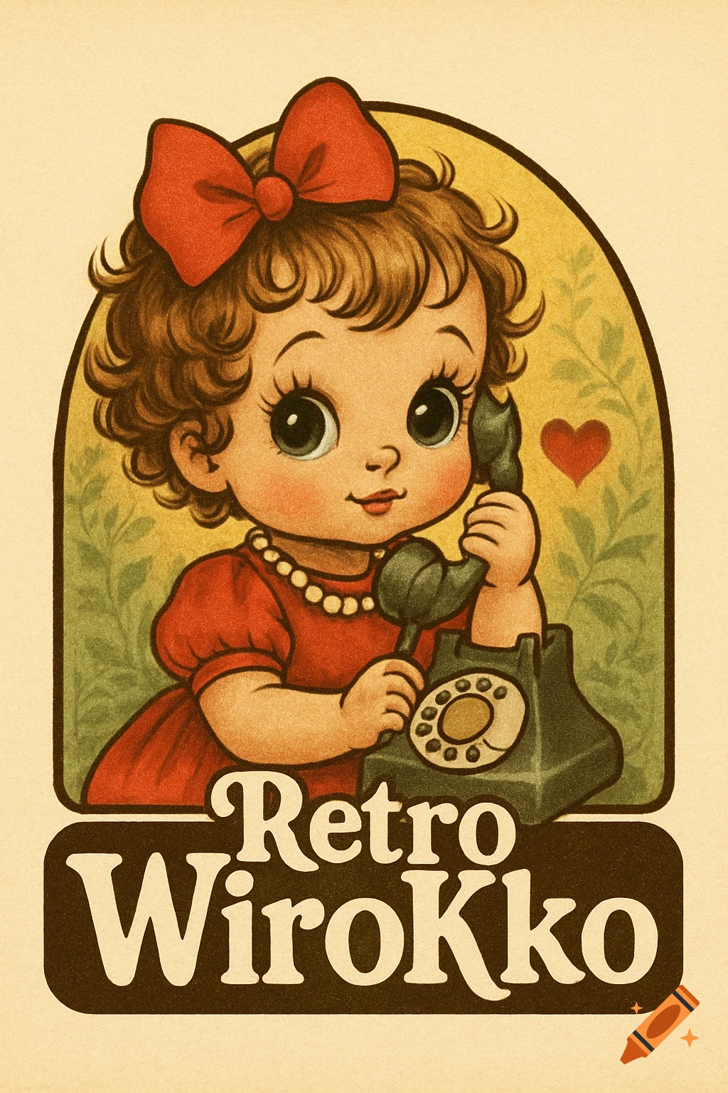 A retro illustration of a cute toddler girl with a red bow and dress, holding a black rotary phone, with text "Retro WiroKko" below.