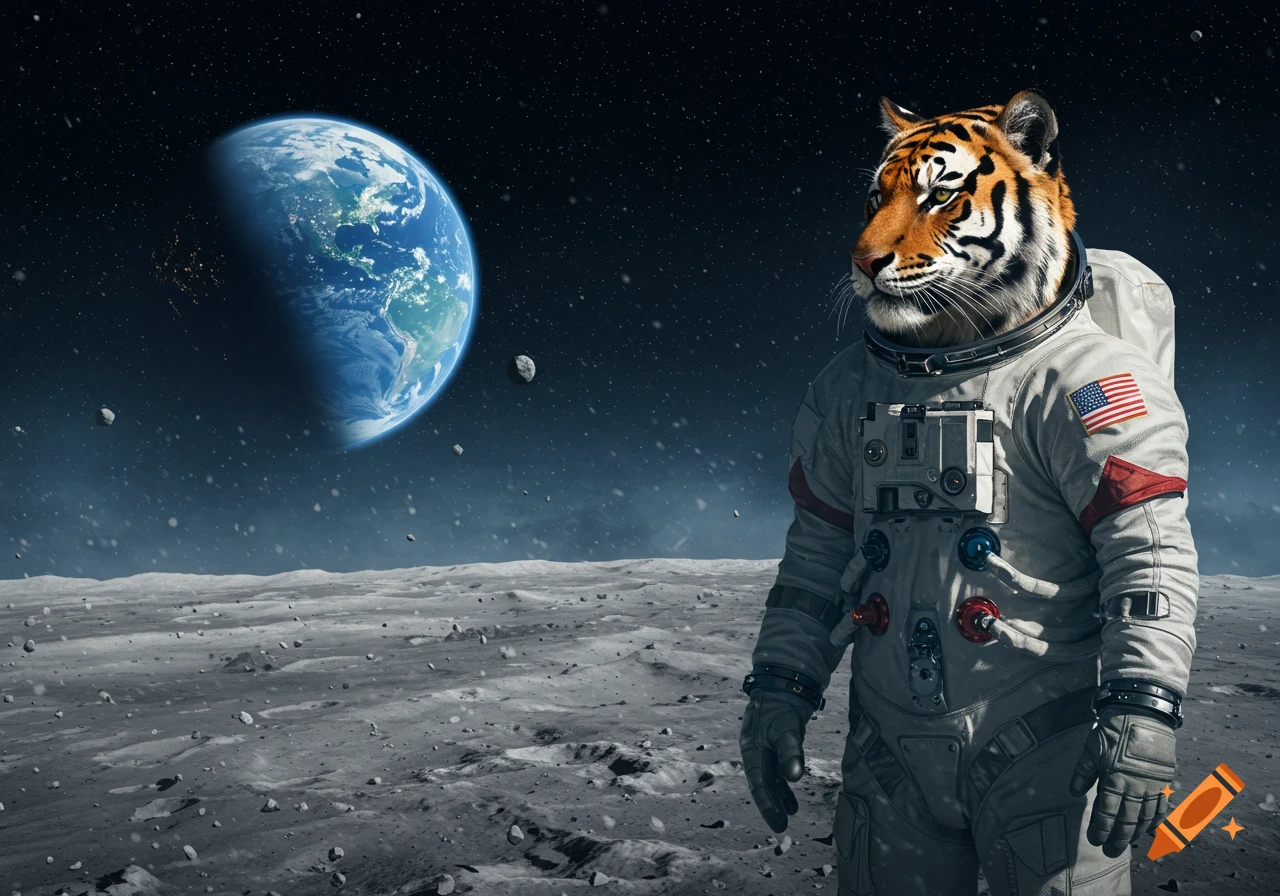 A tiger in an astronaut suit stands on the moon's surface, looking towards Earth in the distance.