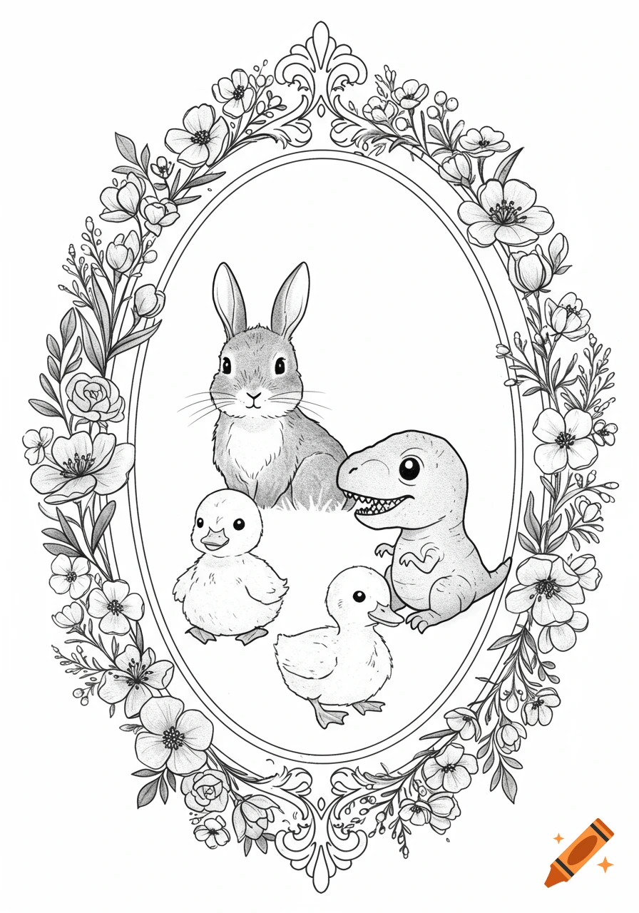 A black and white illustration of a bunny, a dinosaur, and two ducklings inside an ornate oval floral frame.