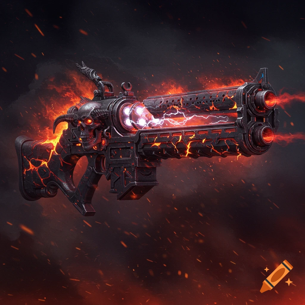A demonic plasma railgun with glowing red lava cracks, fiery red and electric blue energy, and a demonic skull in the stock.