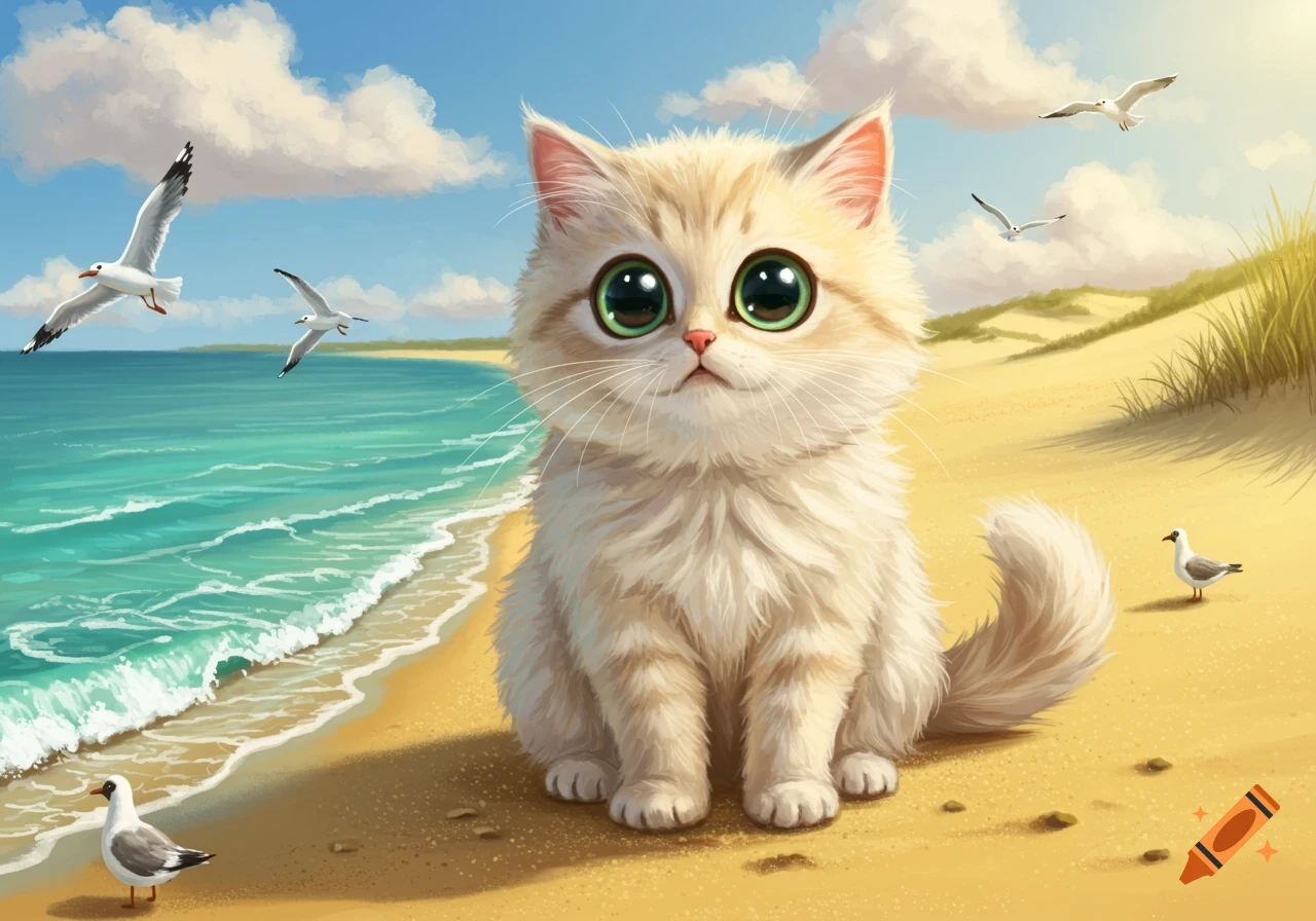 A fluffy, cute cartoon cat with big green eyes sits on a sandy beach by the turquoise ocean, with seagulls flying above.