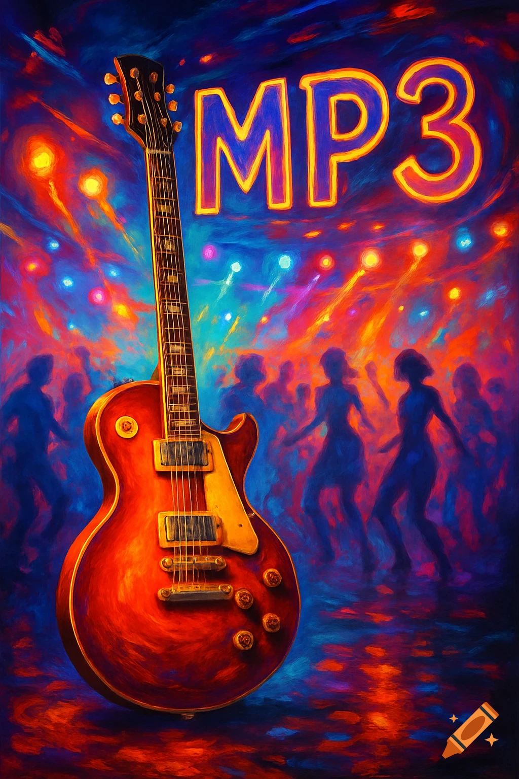 Vibrant, abstract painting of a red electric guitar and "MP3" text against a colorful nightclub background with dancing silhouettes.