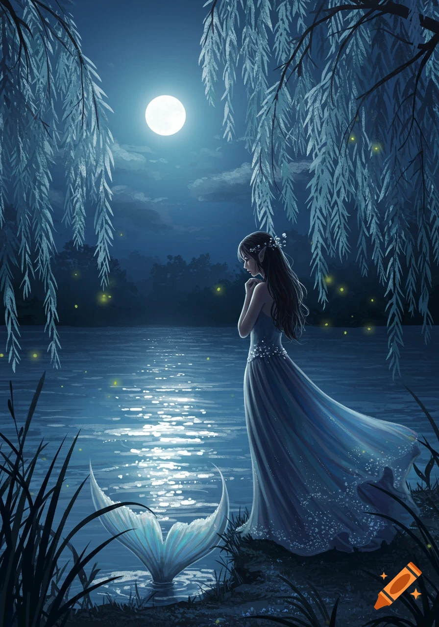 A woman with a mermaid tail, wearing a flowing blue dress, stands by a moonlit lake under weeping willow branches, looking sadly into the water at night.