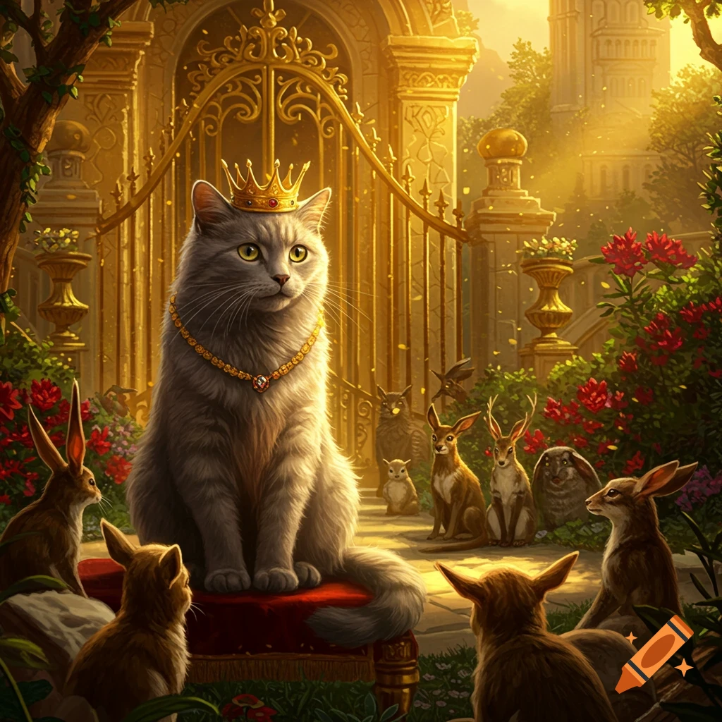 A regal grey cat wearing a golden crown and necklace sits before a grand golden gate, surrounded by animal subjects.