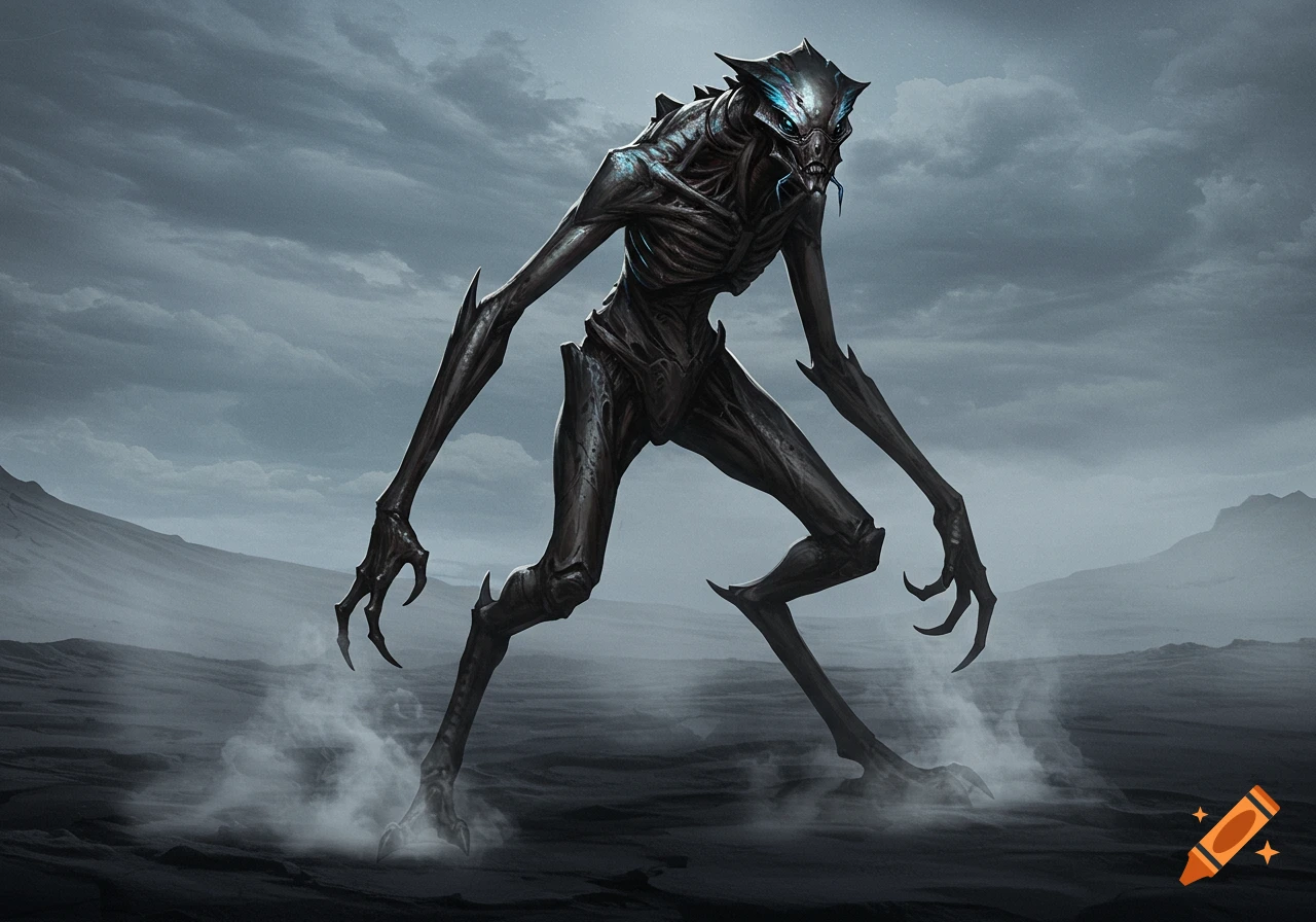 A slender, dark alien creature with blue glowing features stands on a desolate, misty landscape under a cloudy sky.