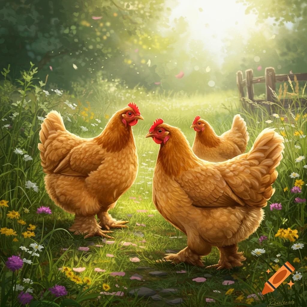 Three buff brahma hens in a sunlit grassy field with wildflowers and trees, in a painterly style.