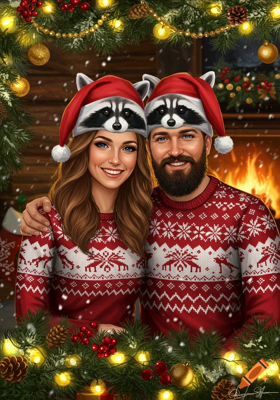 Stylized portrait of a smiling couple in red Christmas sweaters and raccoon hats, surrounded by holiday garlands and a fireplace.
