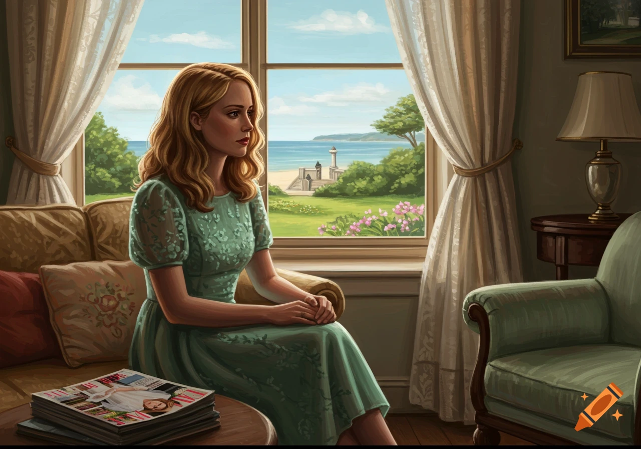 A woman with blonde hair in a green dress sits on a couch, looking out a window at a sunny coastal landscape with a lighthouse. Illustrated style.