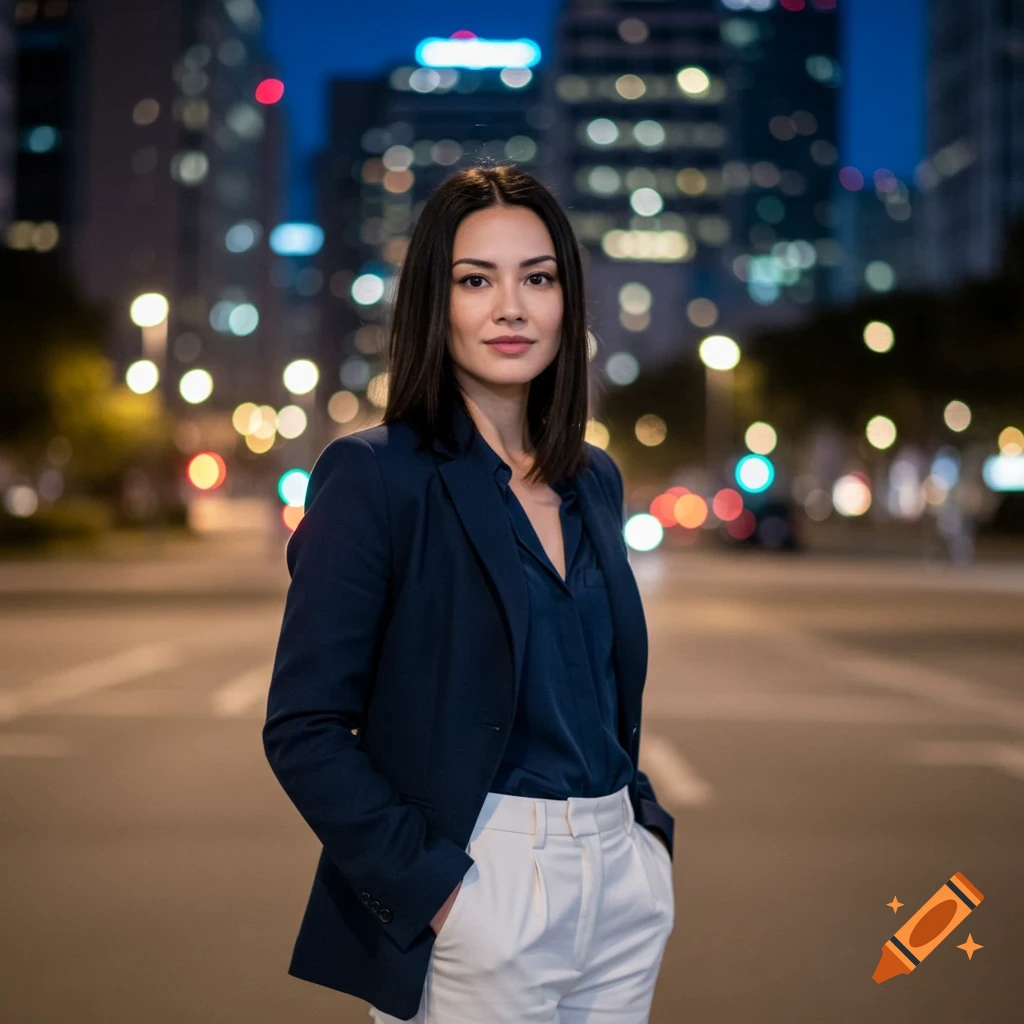 Photorealistic portrait of a woman in a navy blazer and white pants on a city street at night with blurred lights.