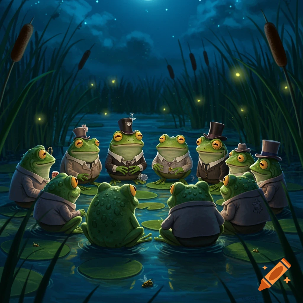 Eight anthropomorphic frogs in suits gathered on lily pads at night under moonlight, surrounded by cattails and fireflies.