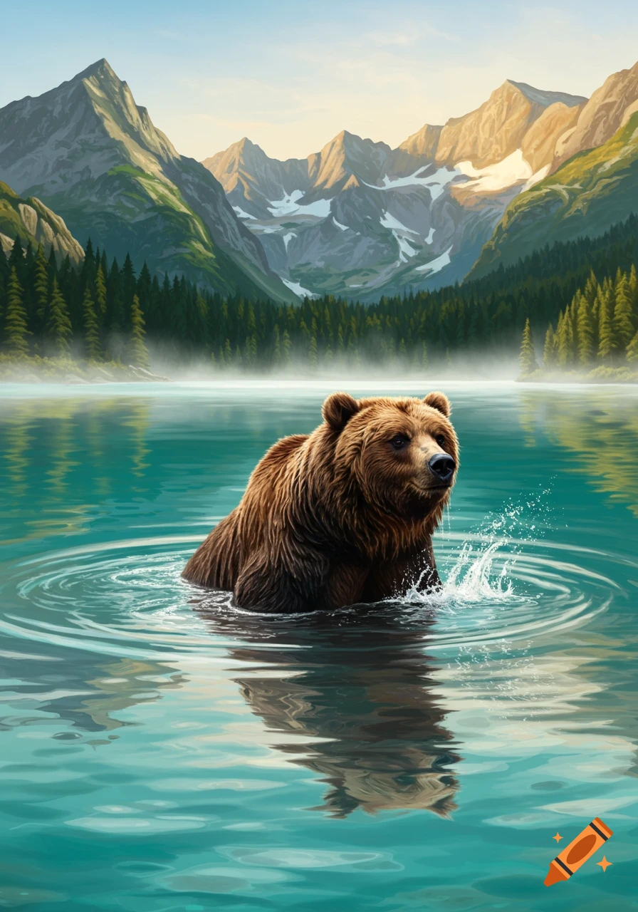 A brown bear is half-submerged in a clear blue mountain lake with pine forests and snow-capped peaks in the background, digital art.