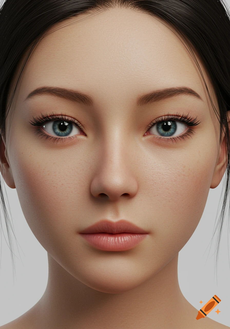 Close-up photorealistic 3D rendering of a young woman's face with blue eyes and dark hair, neutral expression.