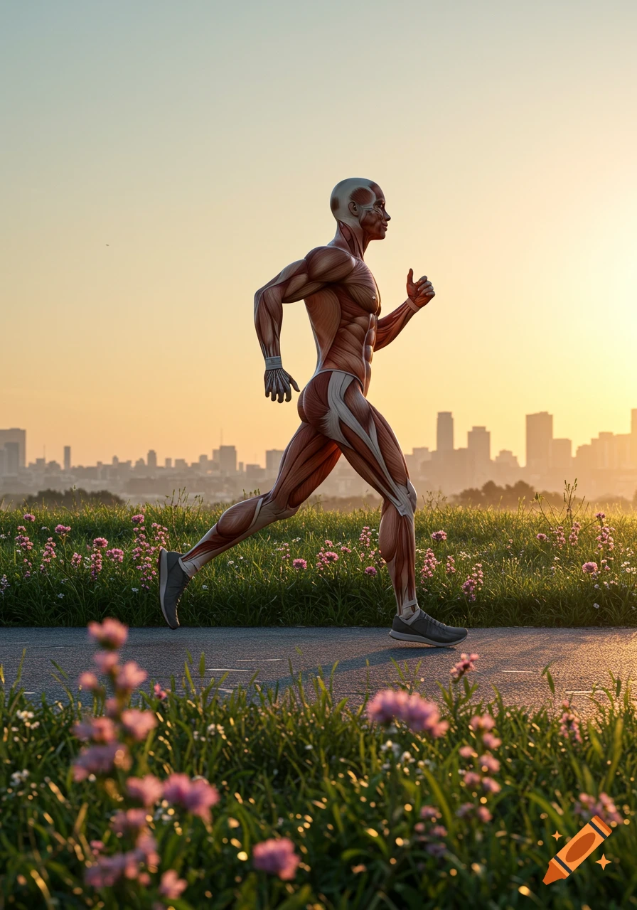 A detailed photorealistic human muscle model jogs on a path through a field of flowers with a city skyline at sunset.