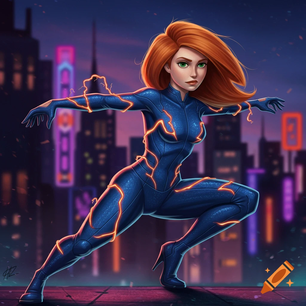 An illustration of Kim Possible in a blue suit with orange lightning patterns, crouched in an action pose against a neon city background.
