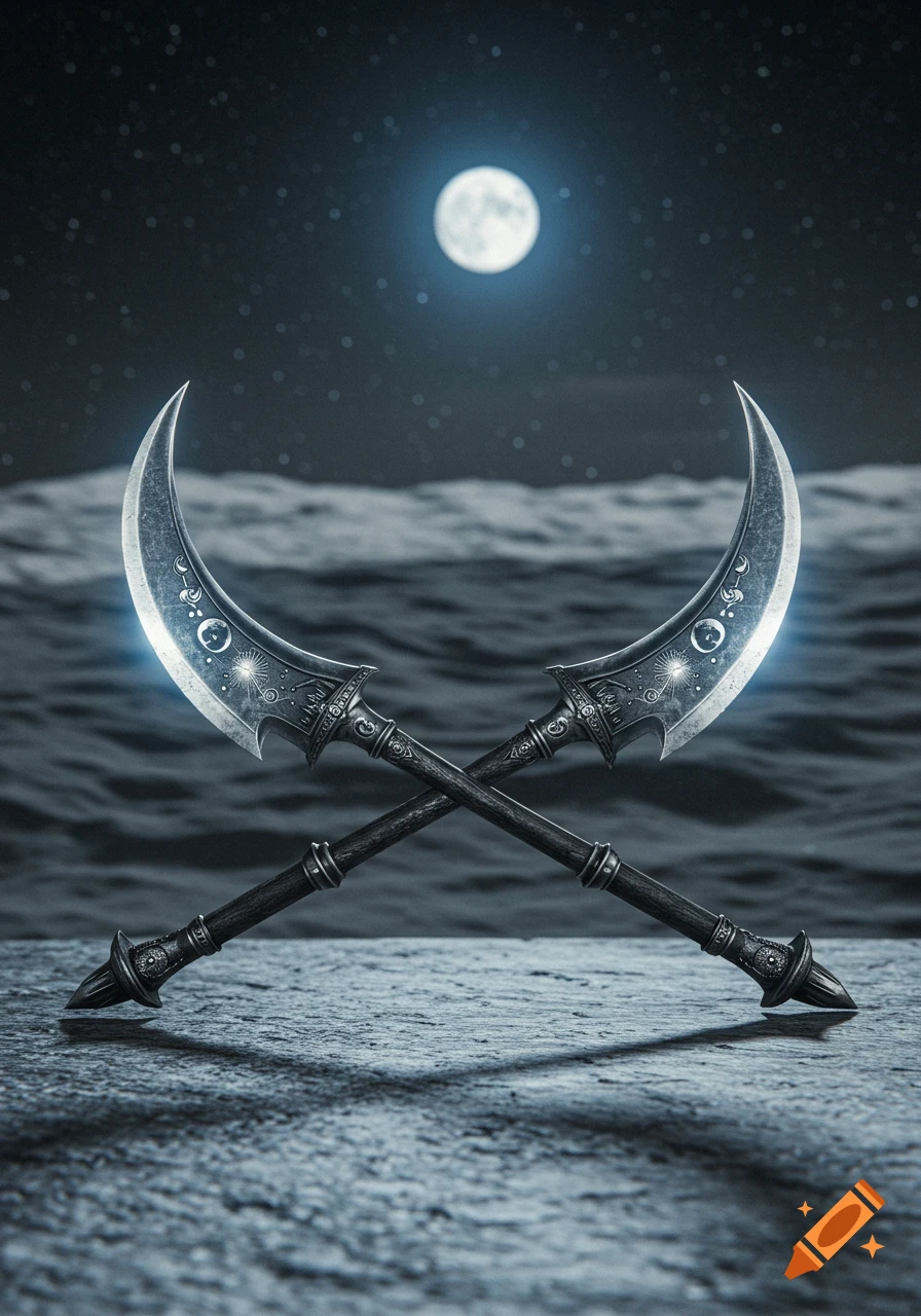 Two ornate crescent moon blades crossed on a rocky surface under a full moon and starry night sky.