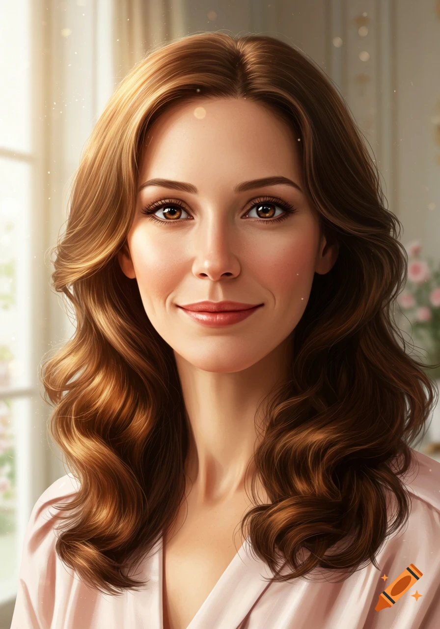 Photorealistic portrait of a smiling woman with brown hair and brown eyes, looking directly at the viewer.
