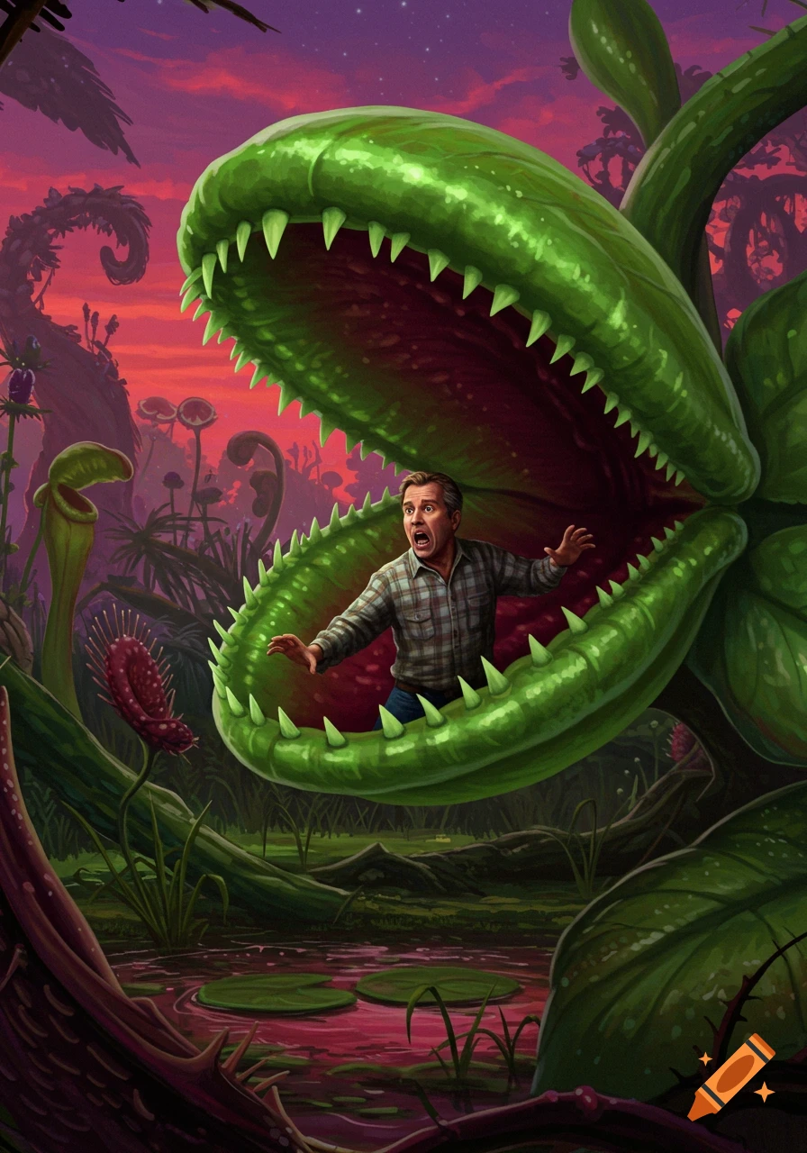 A man with a terrified expression is caught inside the gaping maw of a giant Venus flytrap in a swampy jungle at sunset, cartoon illustration.