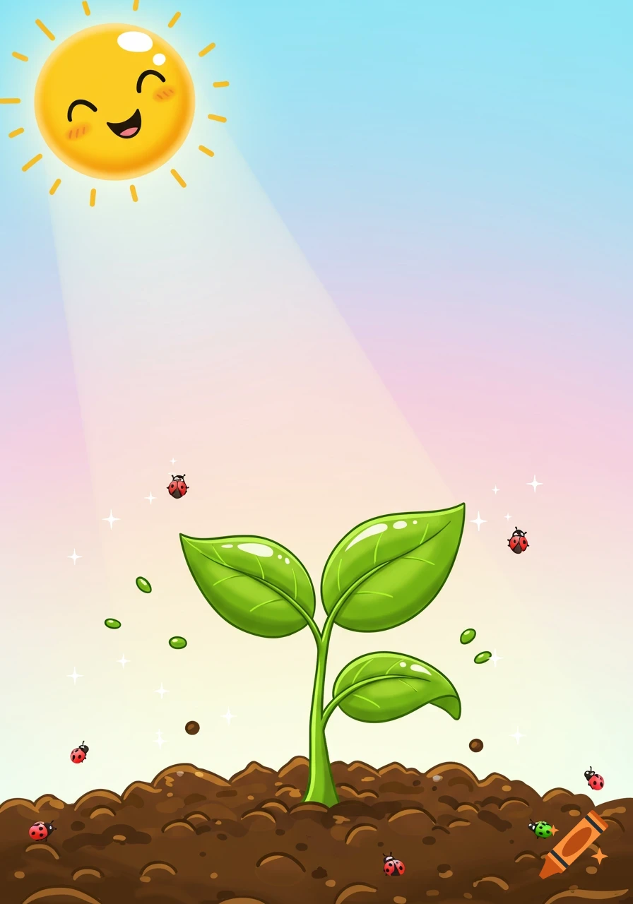 A vibrant cartoon illustration of a happy sun shining on a growing green sprout in brown soil, surrounded by ladybugs.