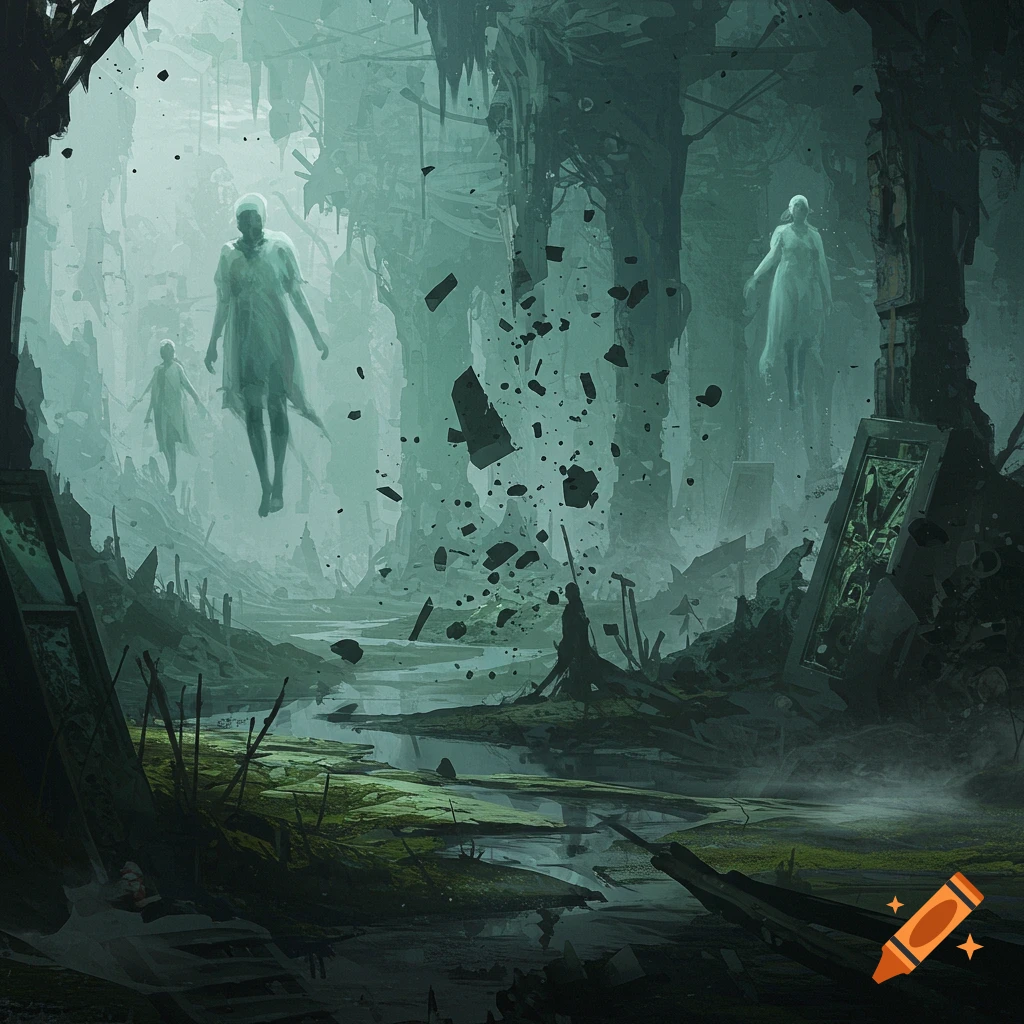 Abstract digital art of ghostly figures floating in a desolate, watery ruin with dark debris and crumbling structures.
