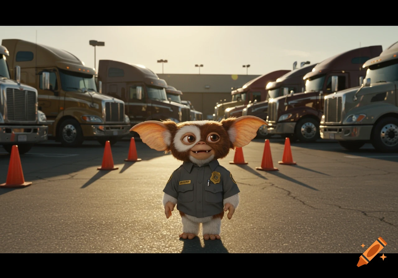 Gizmo in a security uniform stands among semi-trucks and traffic cones in a sunny parking lot.