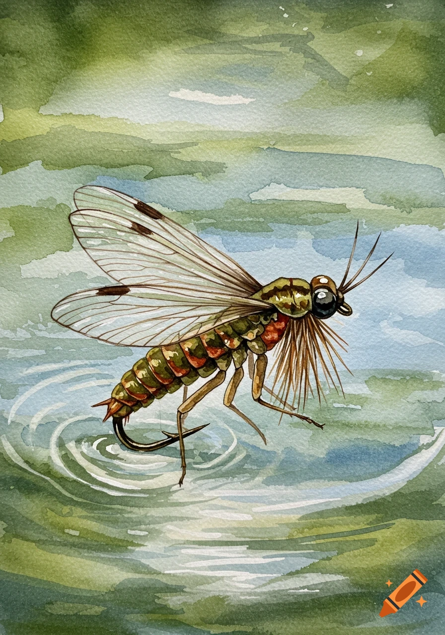 A detailed watercolor painting of a stonefly nymph fly fishing lure creating ripples in green and blue water.