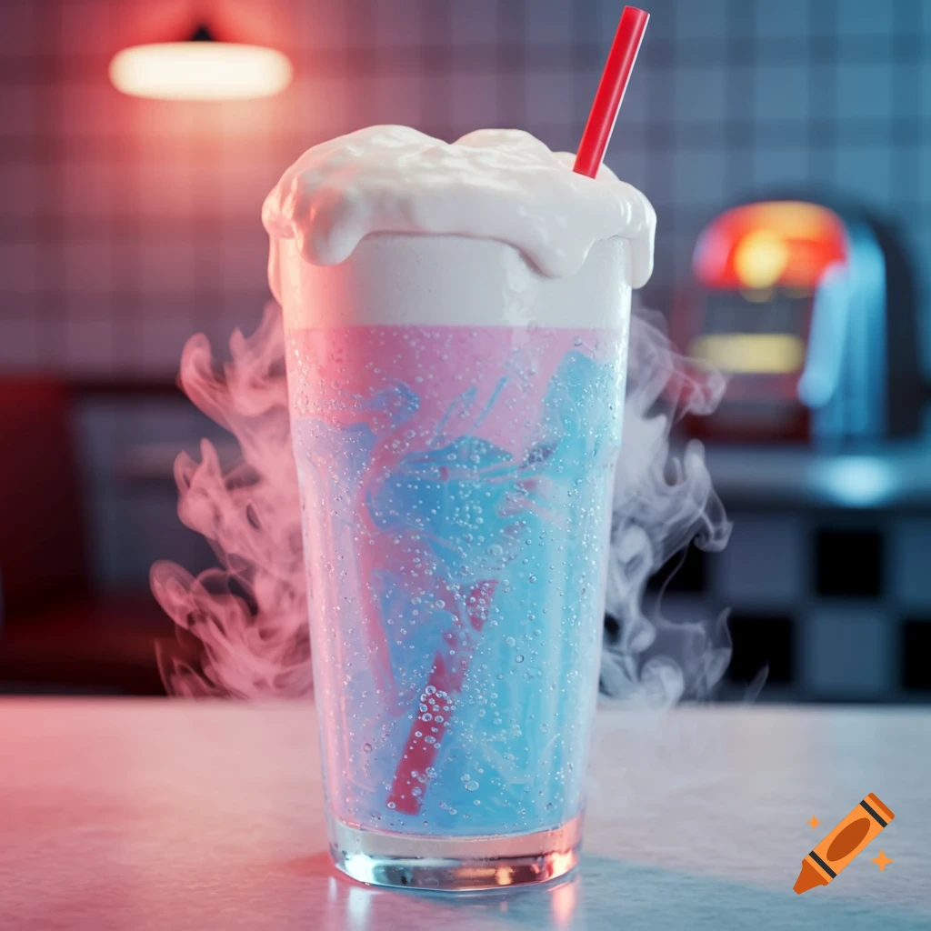 A photorealistic ice cream soda with pink and blue liquid, white foam, and a red straw, surrounded by smoke in a retro diner setting.