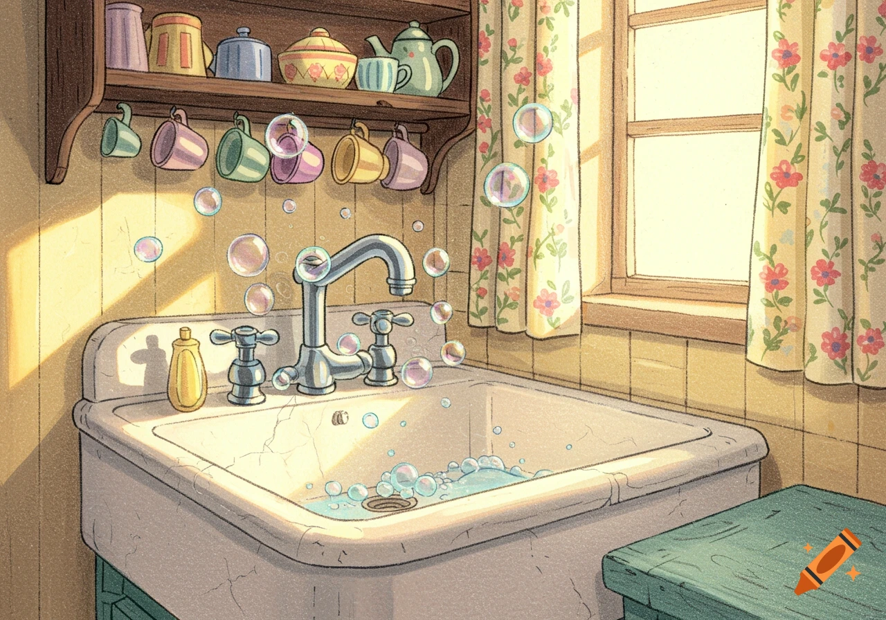 A charming cartoon kitchen sink filled with bubbles and water, bathed in sunlight from a window with floral curtains. Cups and teapots are on shelves above.