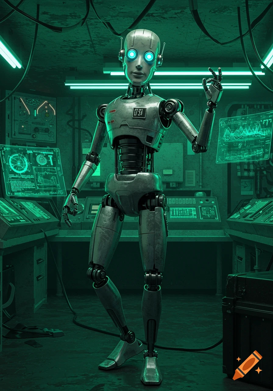 A photorealistic robot with glowing blue eyes stands in a green-lit, futuristic lab with multiple computer screens.