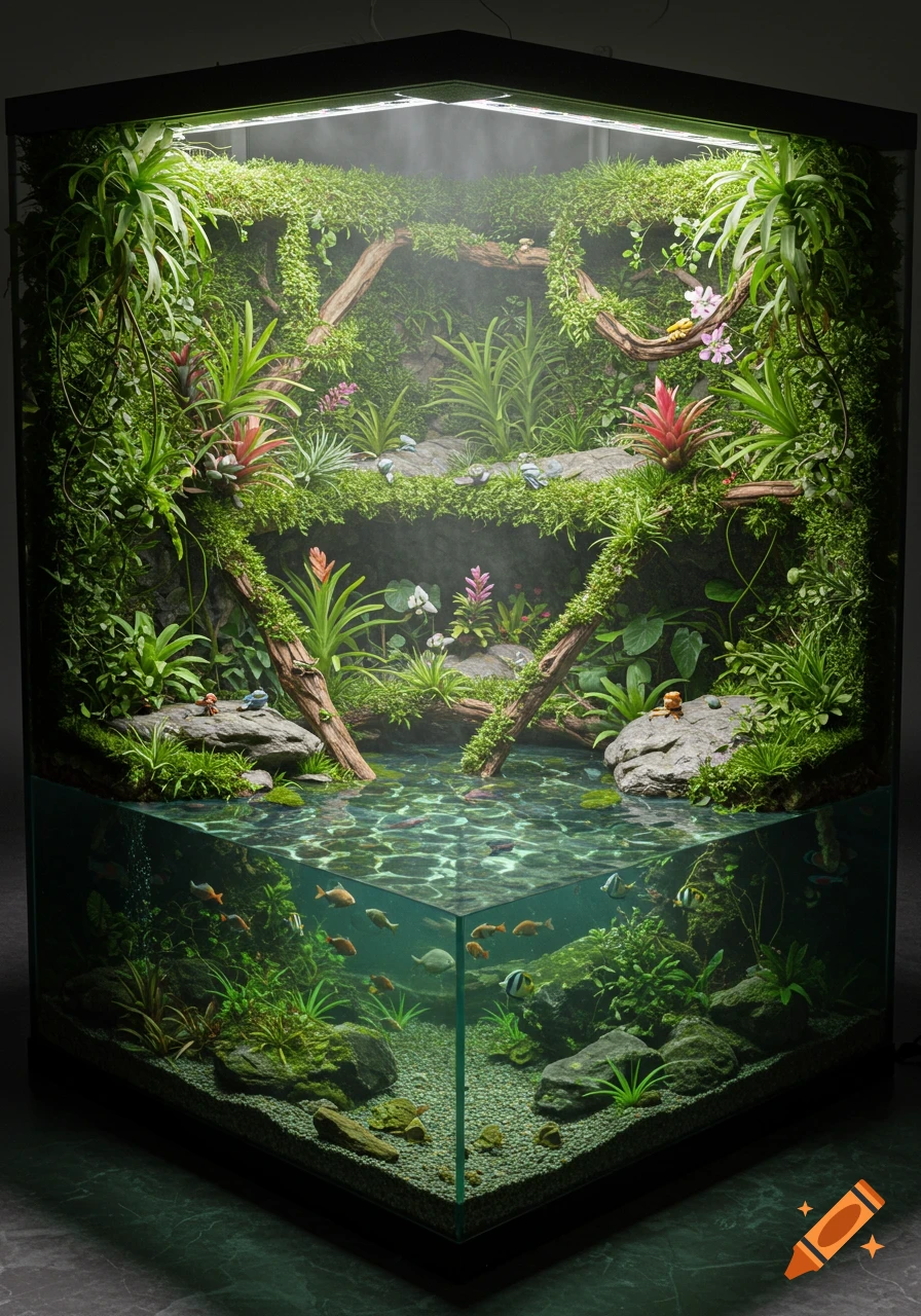 A photorealistic L-shaped paludarium with lush green plants, misty upper section, and a clear aquatic lower section with fish.