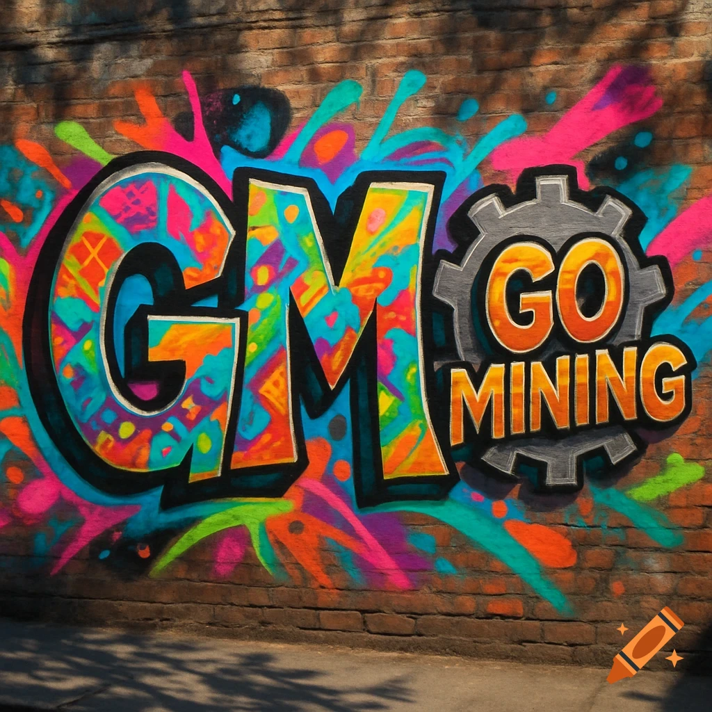 Vibrant graffiti artwork on a brick wall featuring the text 'GM' and 'GO MINING' in a gear design.