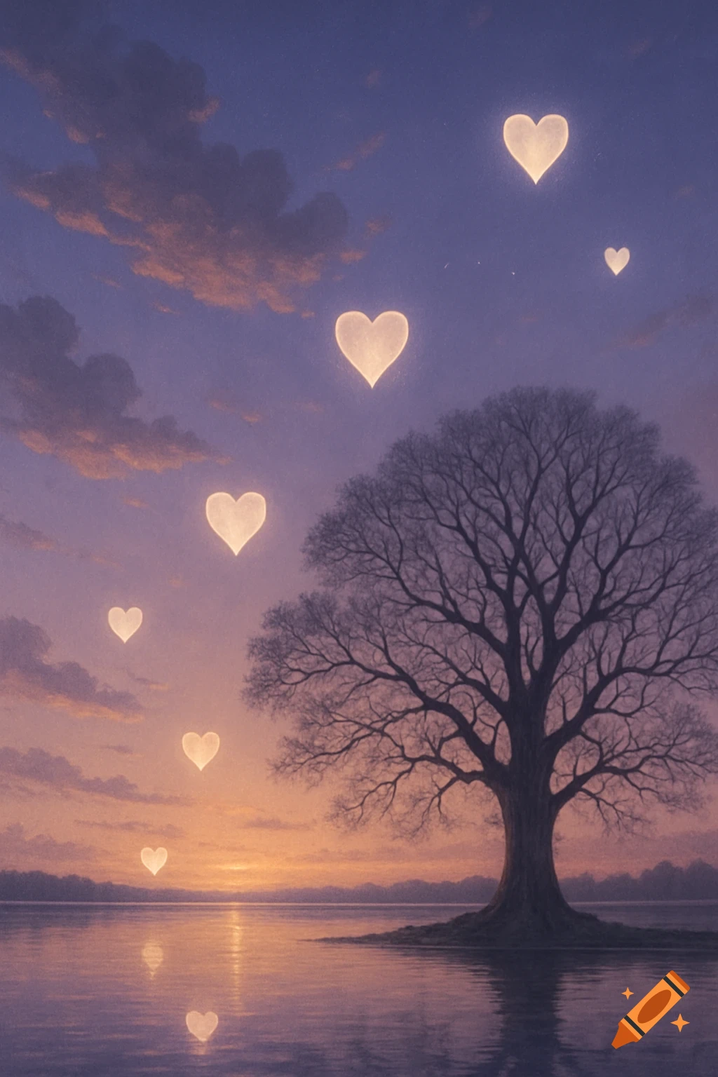 A large bare tree by water at sunset with glowing heart-shaped lights in the purple sky and reflecting on the surface.