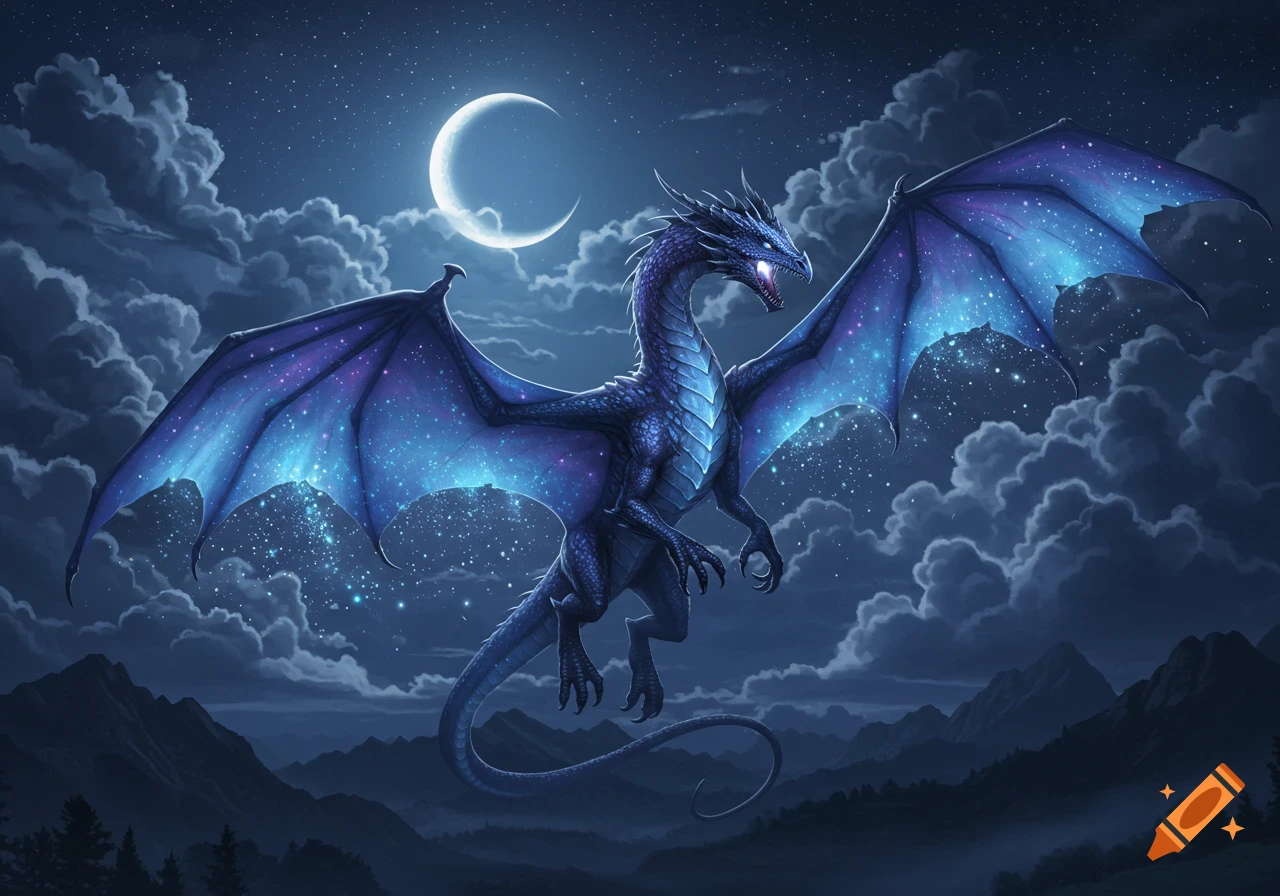 A majestic blue and purple dragon with glowing, starry wings flies in a dark night sky under a crescent moon, above mountains.