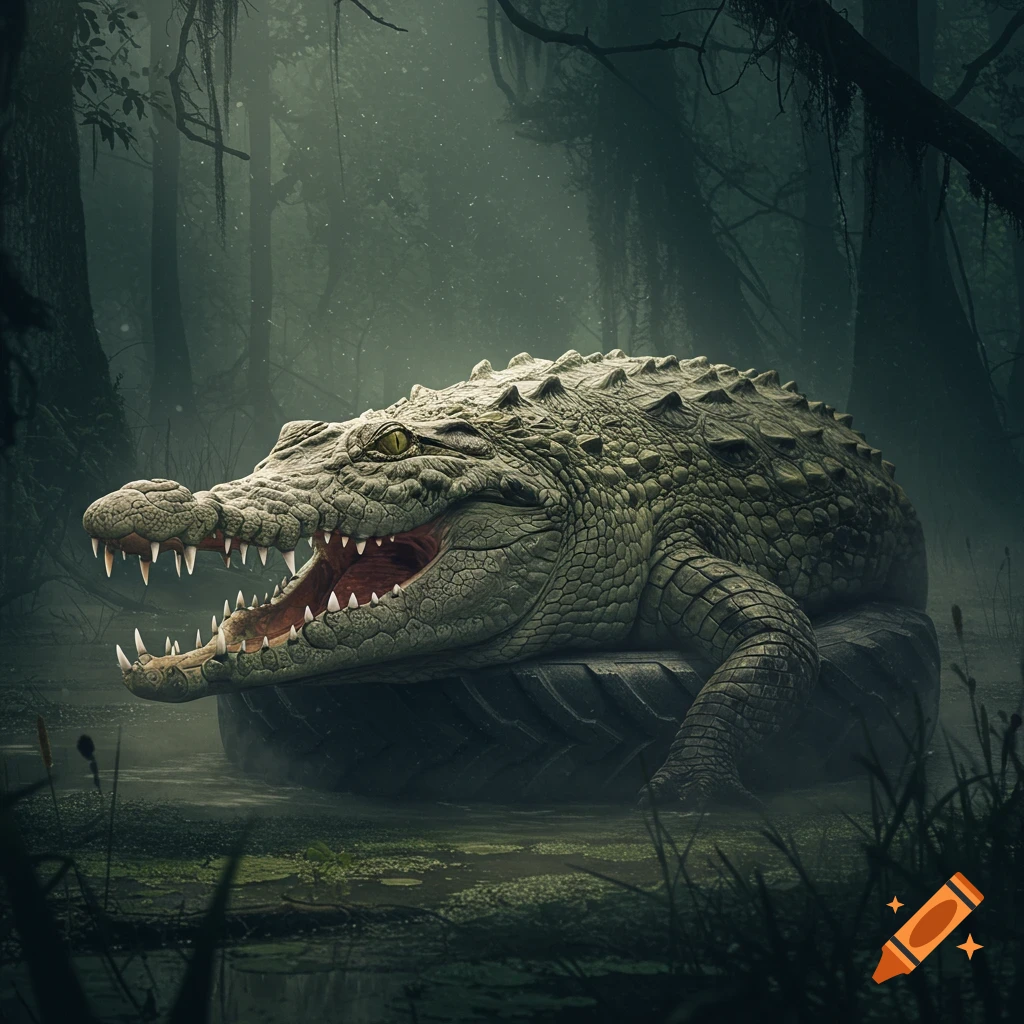 A large green crocodile with its mouth open, its body shaped like a tire, sits in a misty, dark swamp.