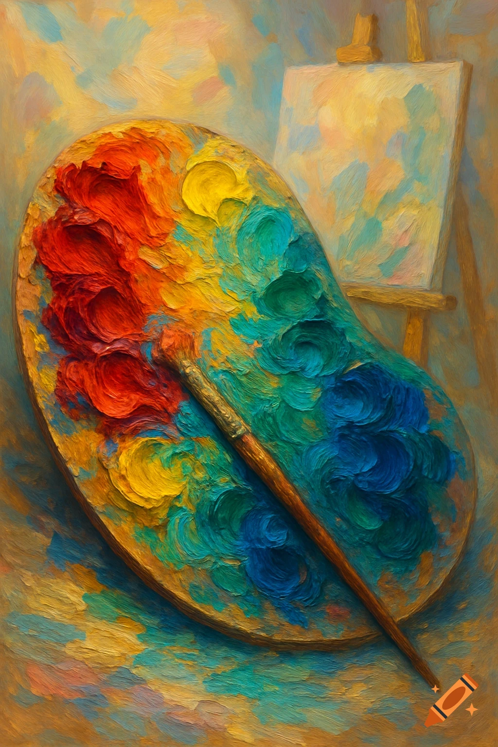 A colorful artist's palette with thick impasto paint and a paintbrush, an easel in the background, in an oil painting style.