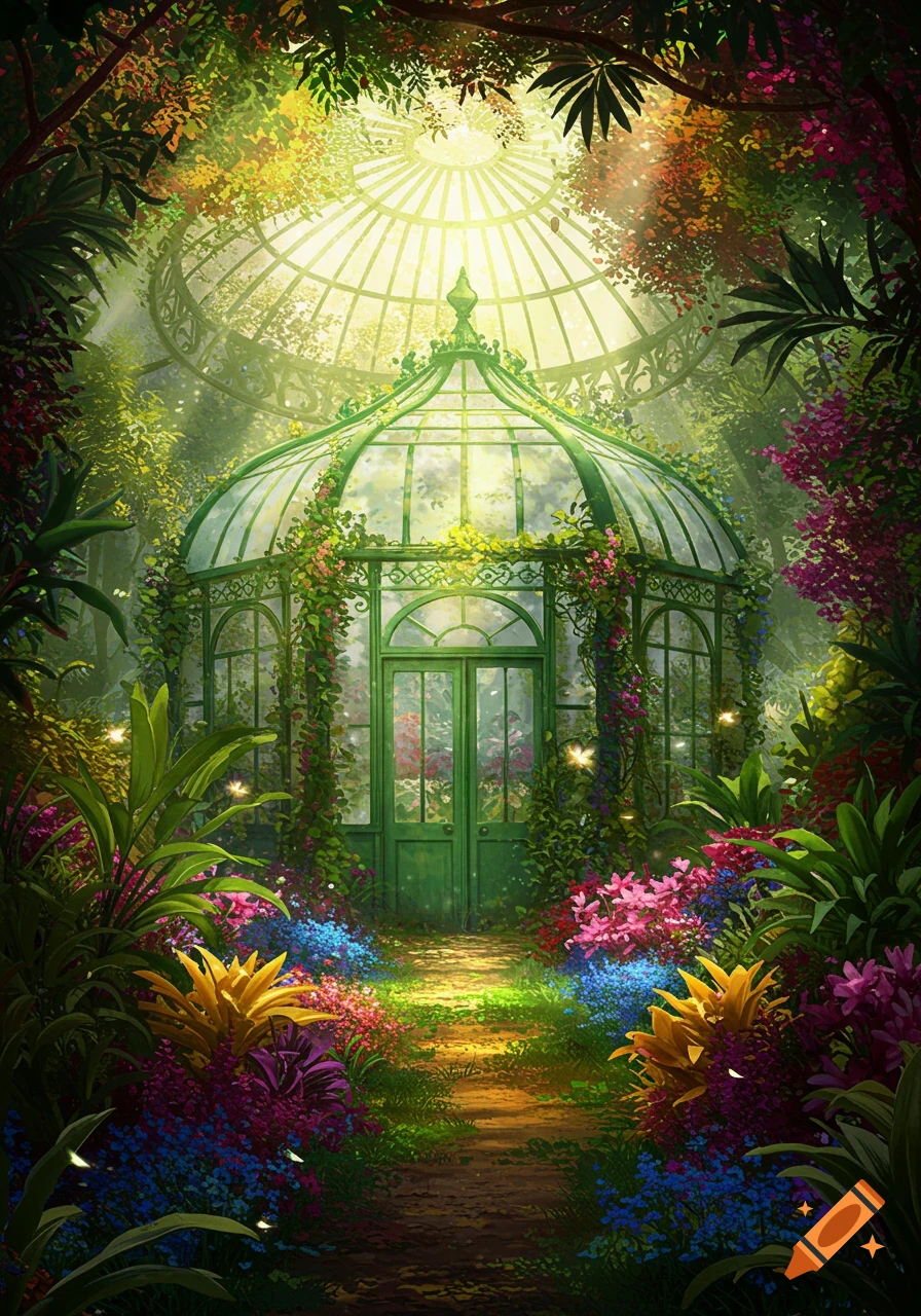 Vibrant fantasy greenhouse surrounded by lush, colorful flowers and plants, with sunlight streaming through the glass roof.