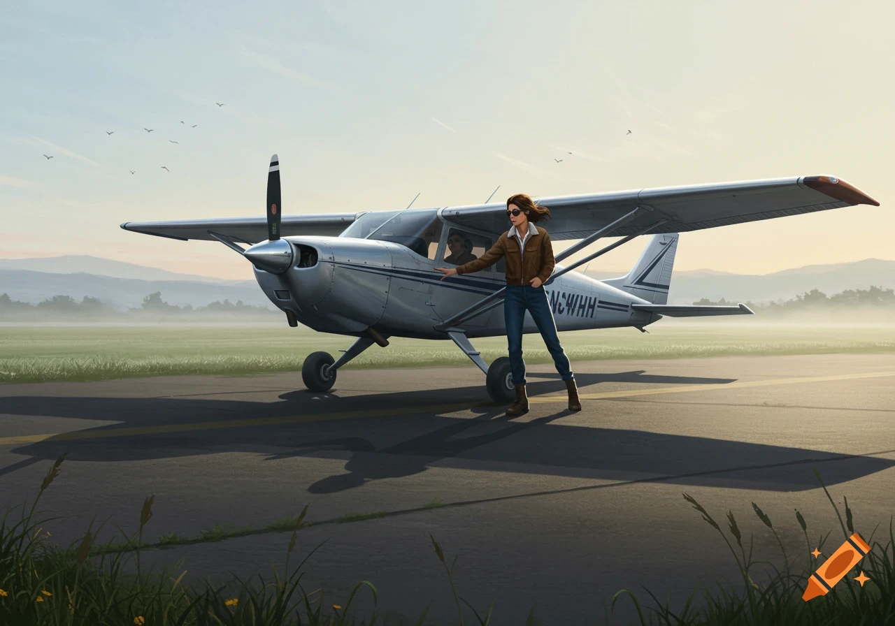 A woman in a brown jacket stands next to a silver propeller plane on a runway under a clear sky.