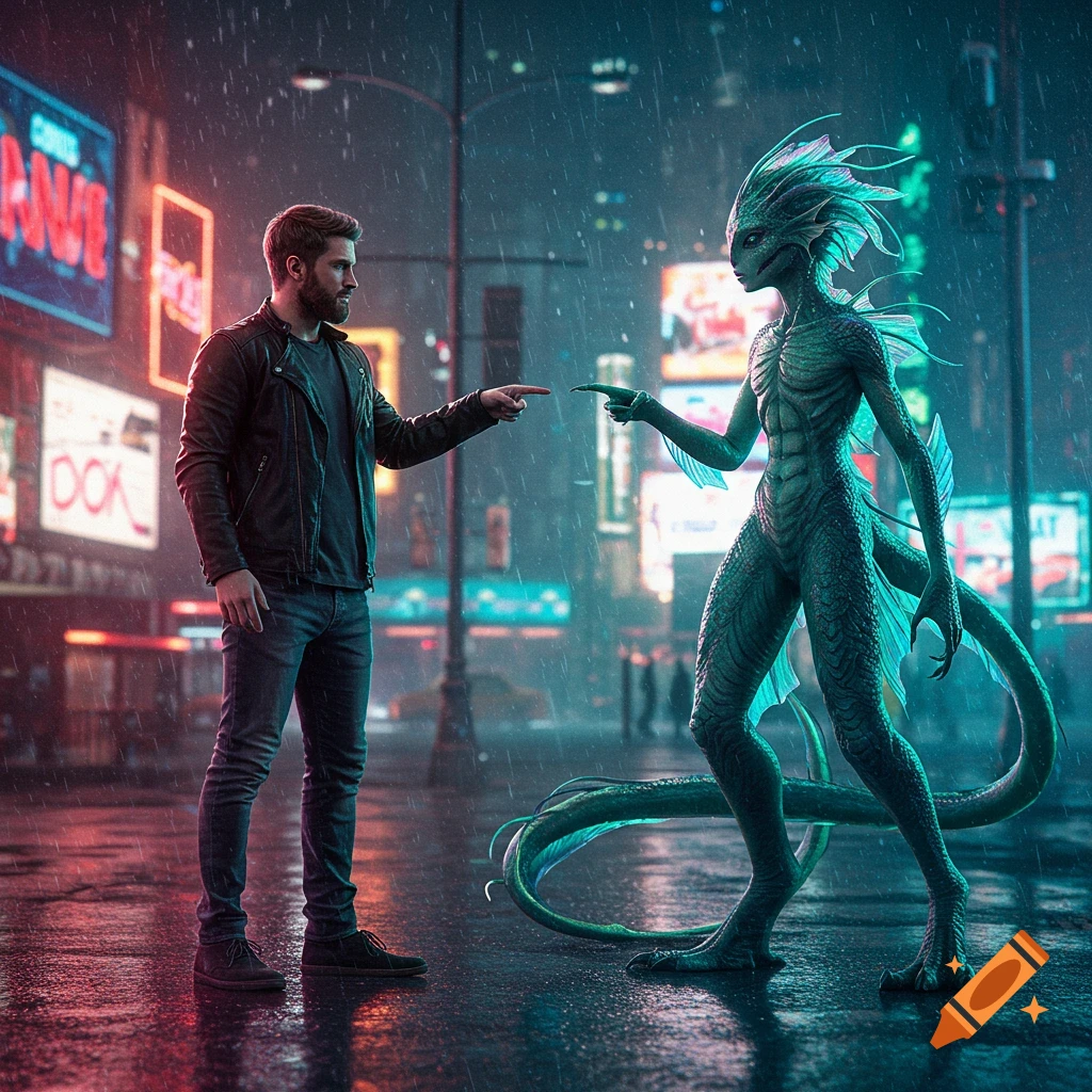 A man and a green scaly mutant creature point at each other on a rainy city street at night, illuminated by neon signs.