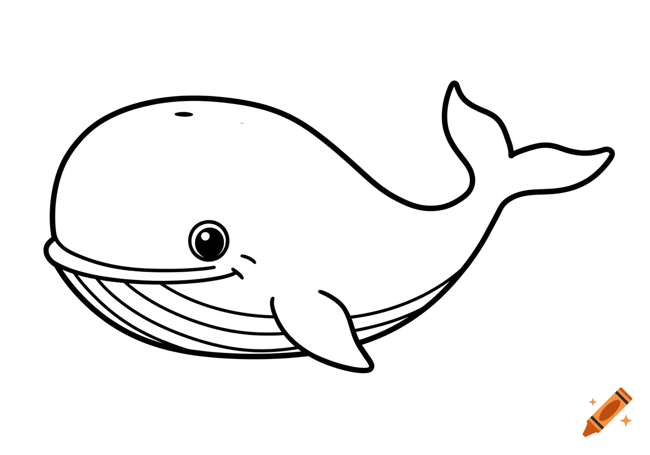 A simple black and white line art drawing of a happy cartoon whale.