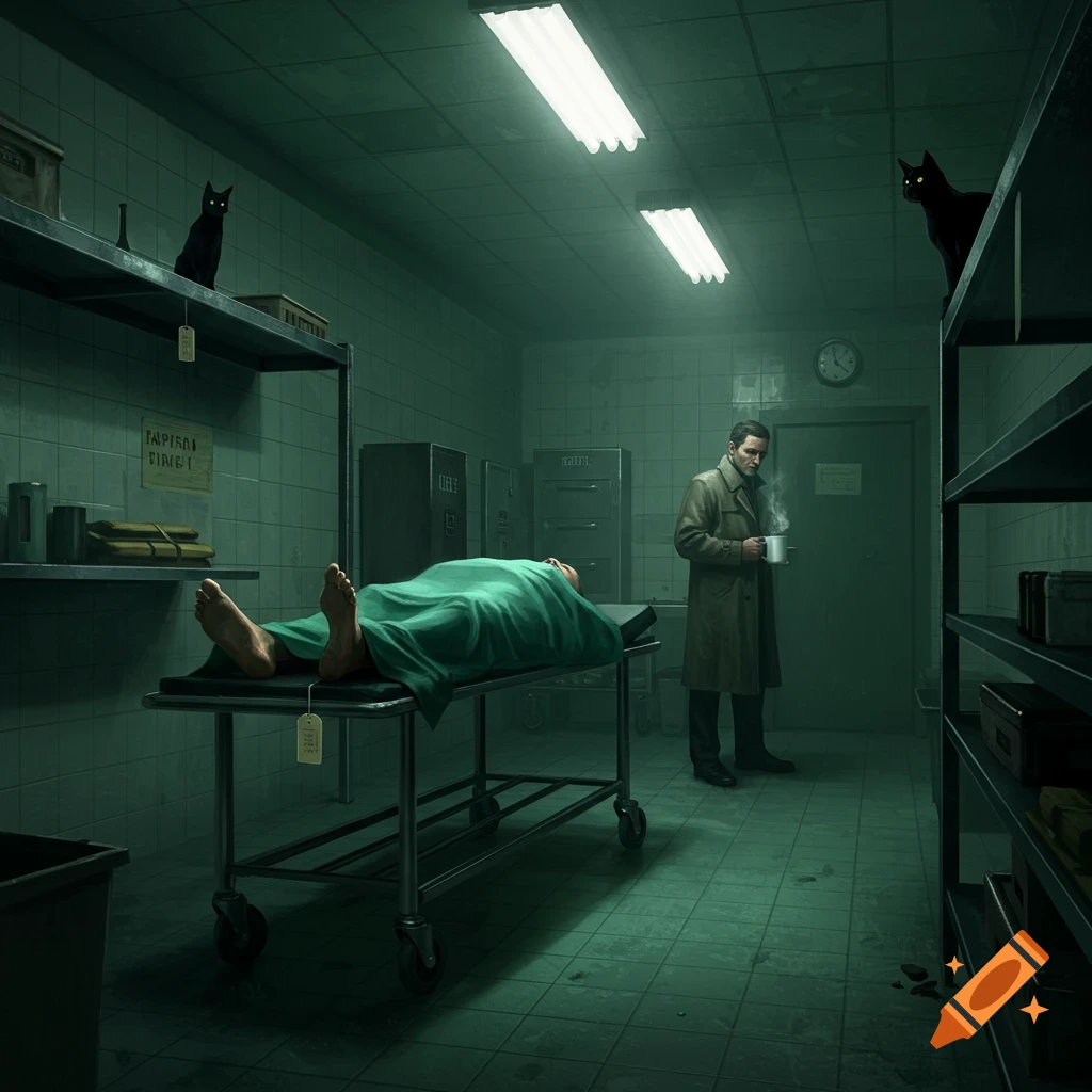 A dimly lit morgue with a body covered by a green sheet on a gurney, a detective sipping coffee, and two black cats watching from shelves.