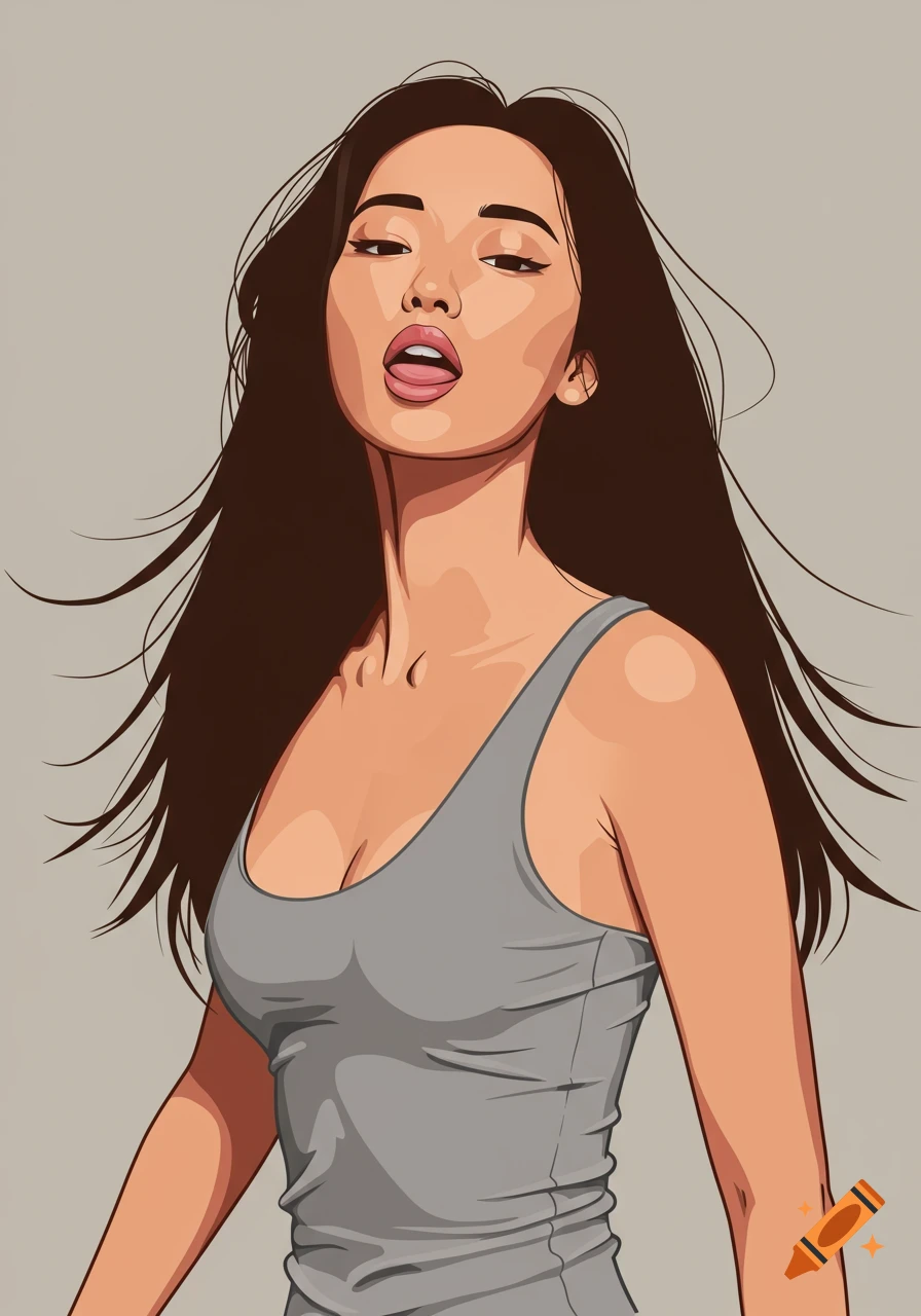 Vector illustration of a woman with long dark hair, wearing a gray tank top, looking up with her tongue slightly out.