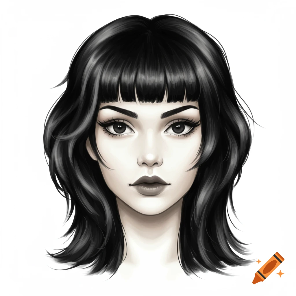 Stylized portrait of a woman with black, layered, medium-length hair and straight bangs.