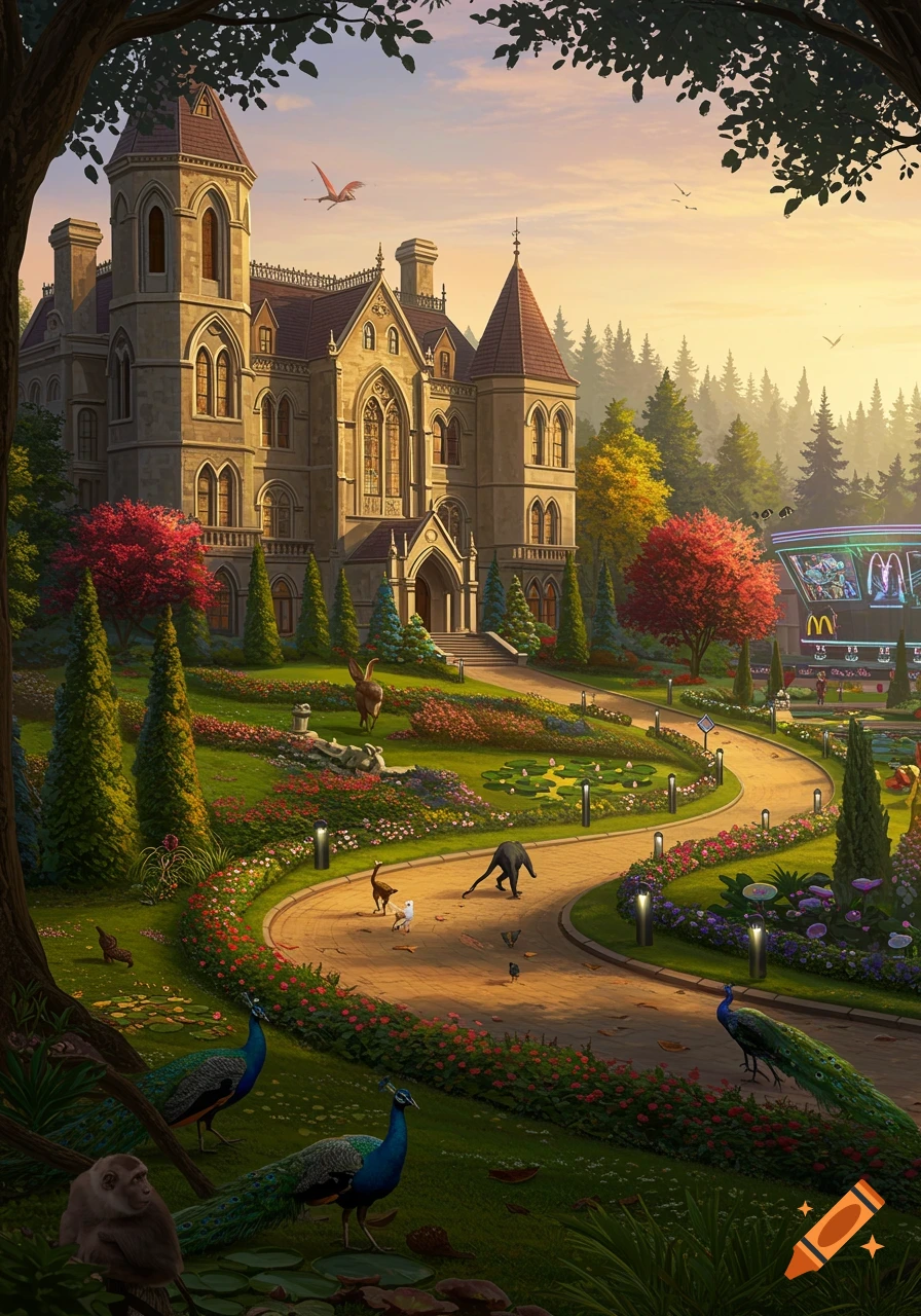 A grand mansion with a curved driveway, lush gardens, and various animals like peacocks, deer, and a monkey, with a McDonald's and gaming complex in the background under a sunset sky.