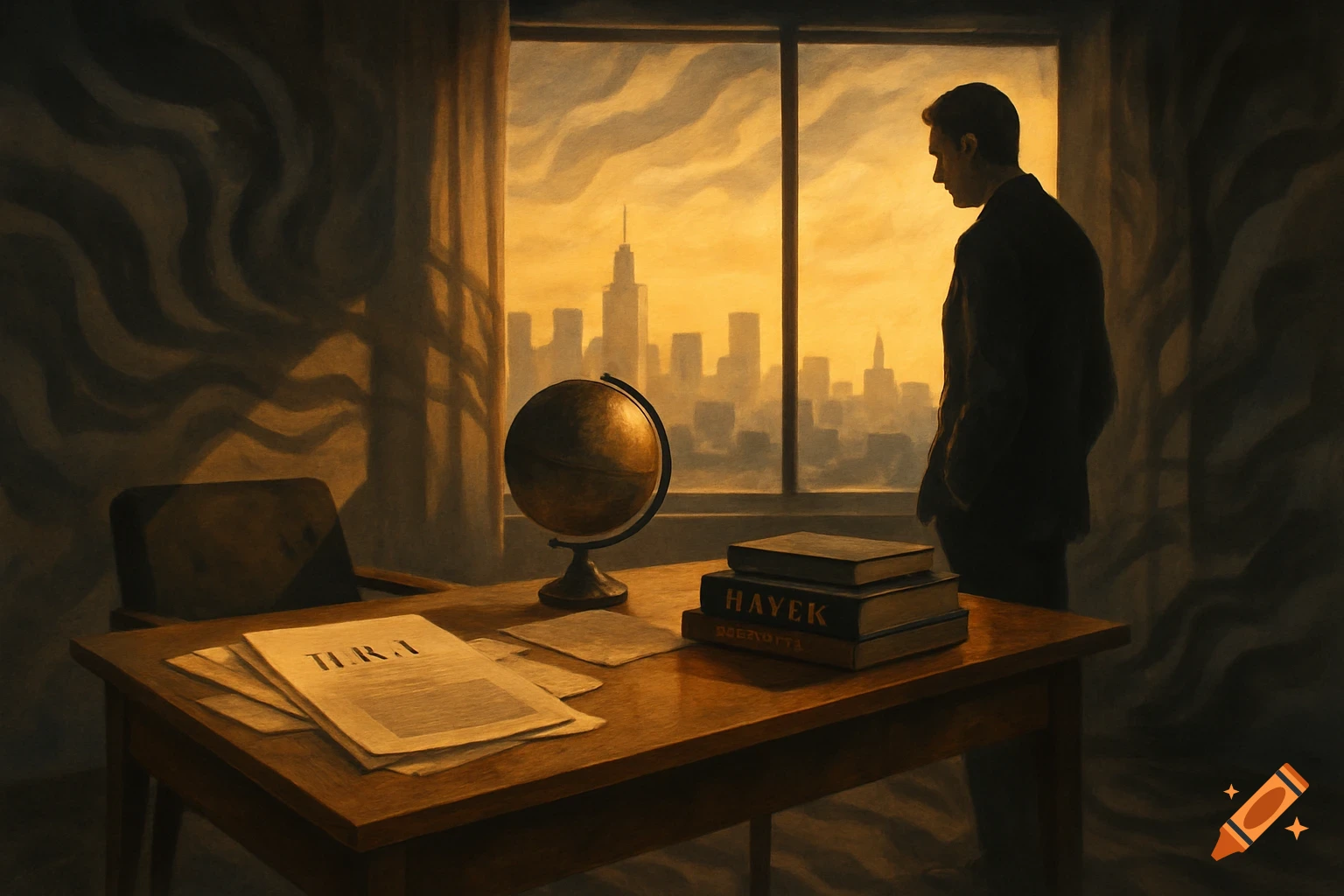 A man in an office looks out a large window at a city skyline at sunset, with a globe and books on a desk in the foreground, in a painterly style.