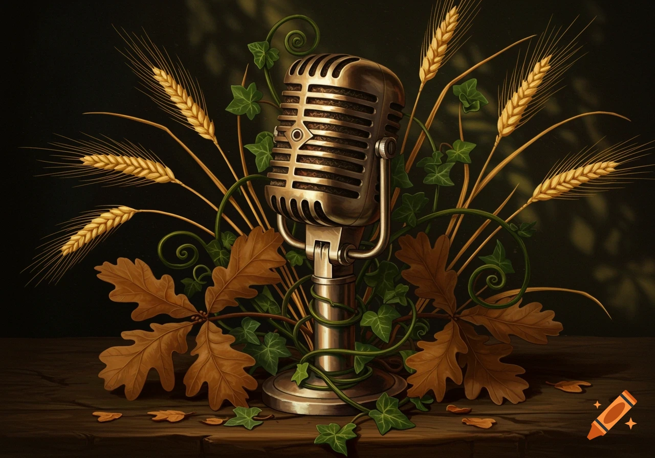 A vintage silver microphone surrounded by golden wheat stalks, green ivy vines, and brown oak leaves on a wooden table.