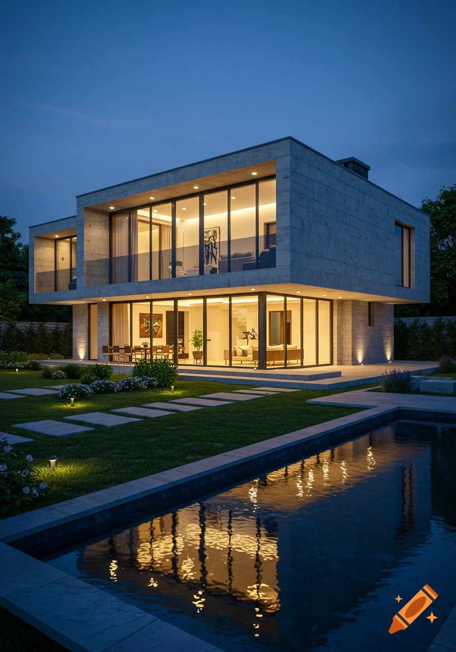 A modern concrete and glass house illuminated at dusk, with a manicured lawn and a swimming pool in the foreground.