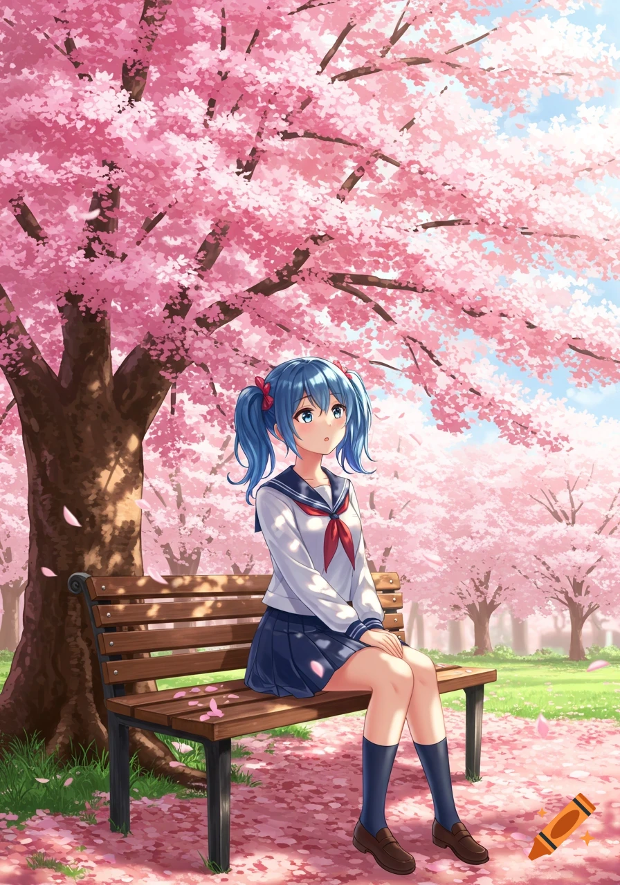 An anime girl with blue pigtails in a school uniform sits on a bench under a large sakura tree with pink blossoms falling.