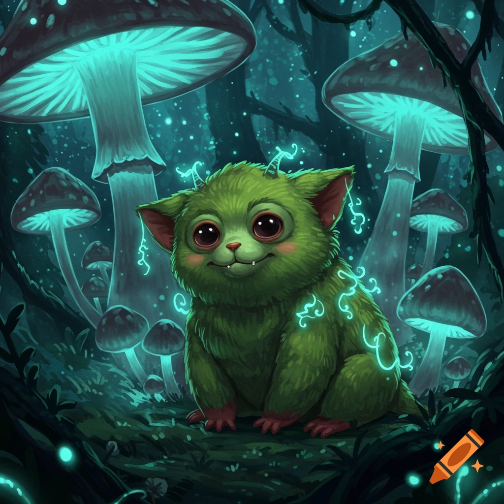 A cute green, fluffy creature with big eyes and a smile sits in a dark, magical forest with glowing blue mushrooms.