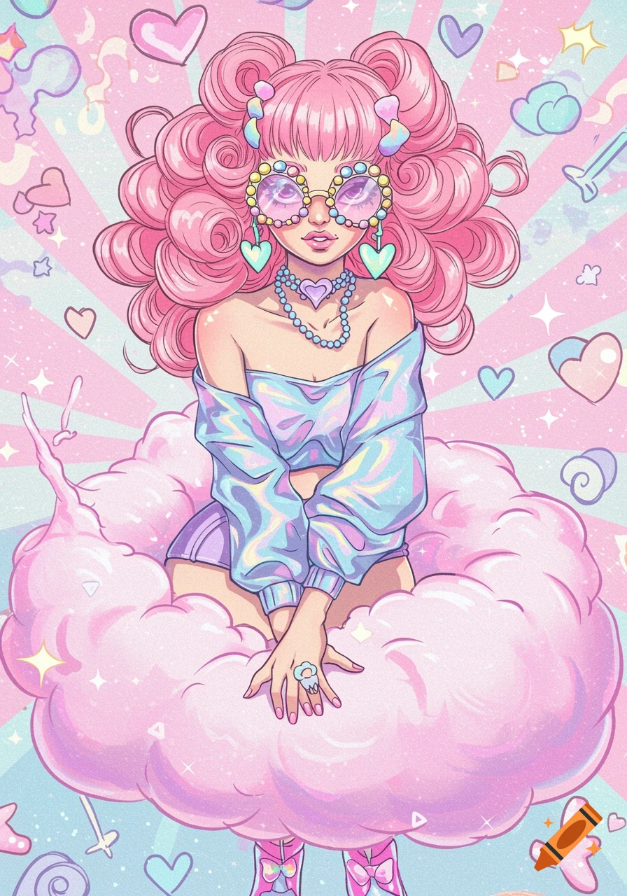 Colorful illustration of a girl with pink curly hair and exaggerated sunglasses, sitting on a pink cloud with hearts and sparkles in the background.